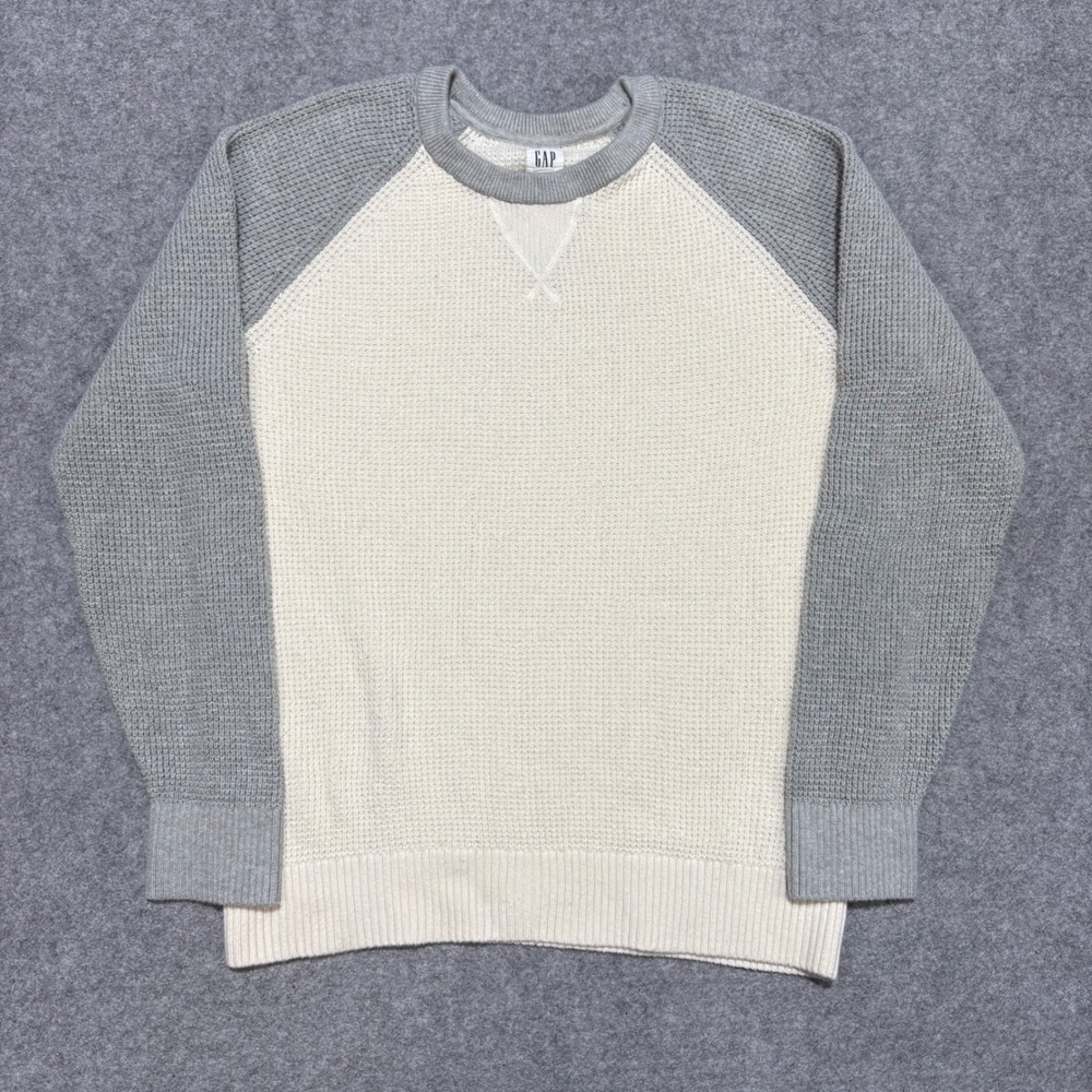Gap Mens Waffle Knit Raglan Sweater Gray Cream Crewneck M